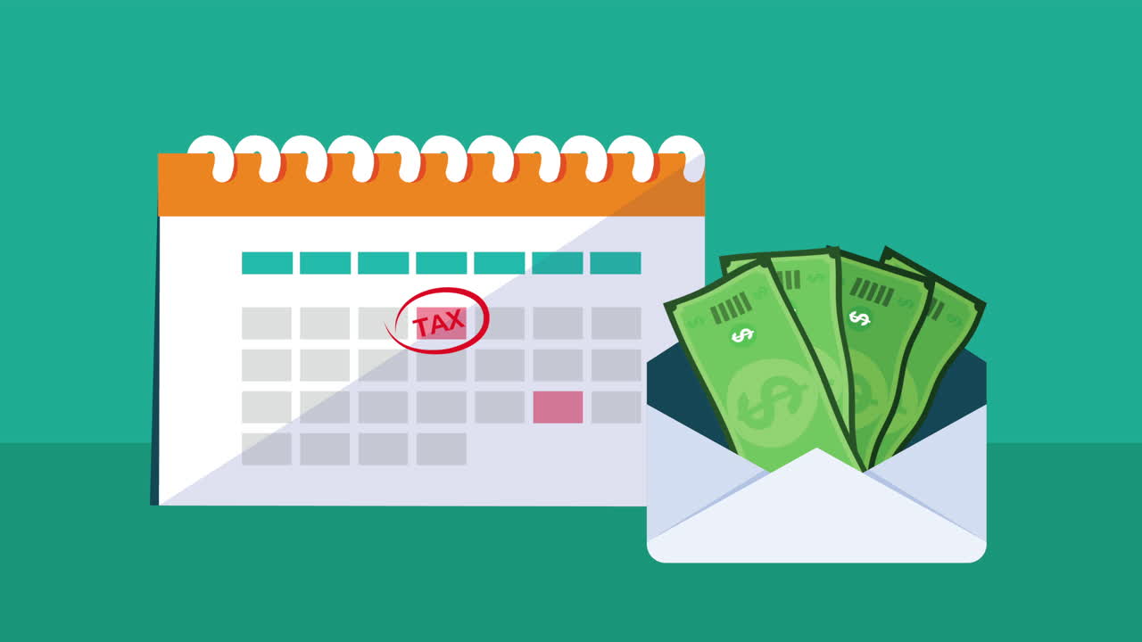 animazione del giorno delle tasse con calendario e denaro in busta