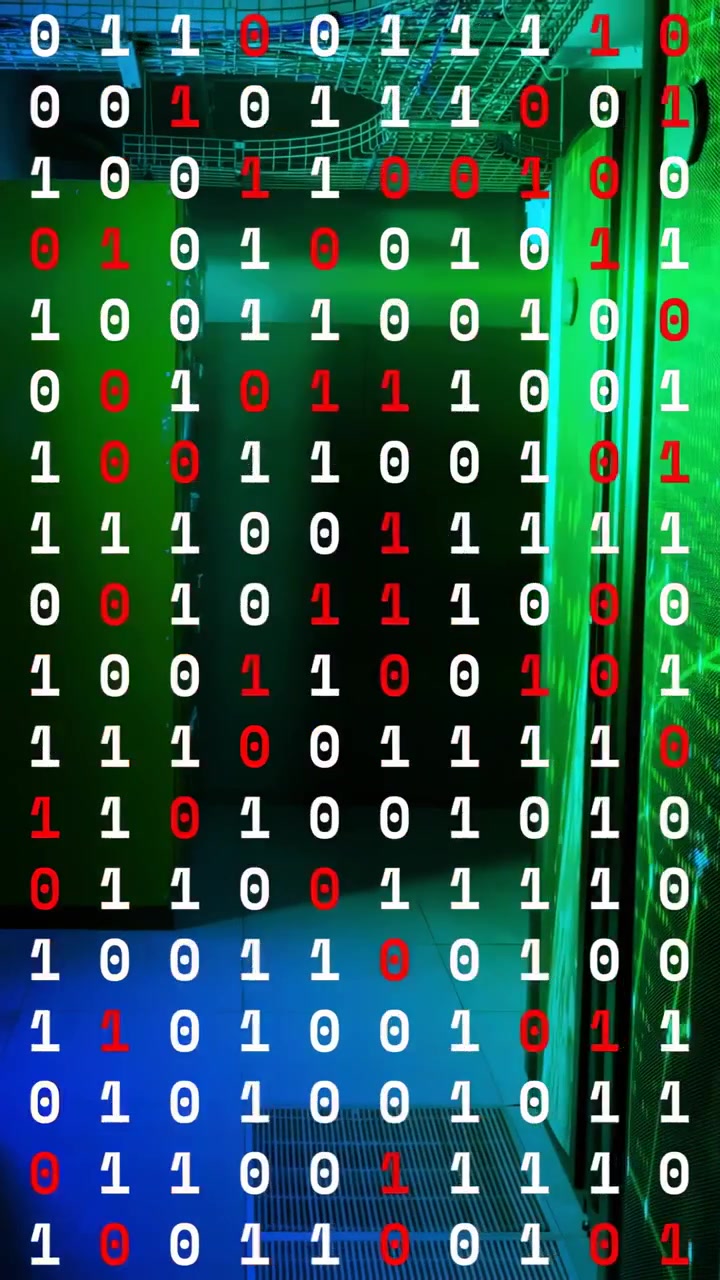 Vertical video: Playback starting binary overlay covering hall frame shifting and showing data flow