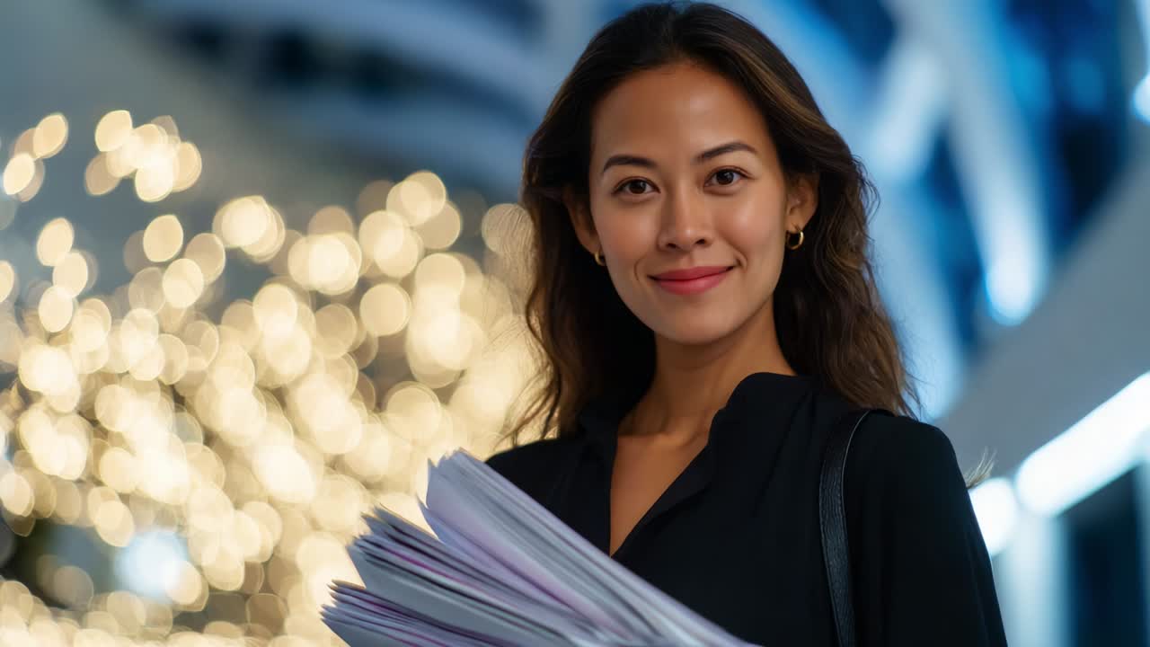 A confident young woman with long wavy hair holds a stack of documents while smiling warmly at the camera, illuminated by soft lights in the background, exuding positivity and professionalism in a modern setting