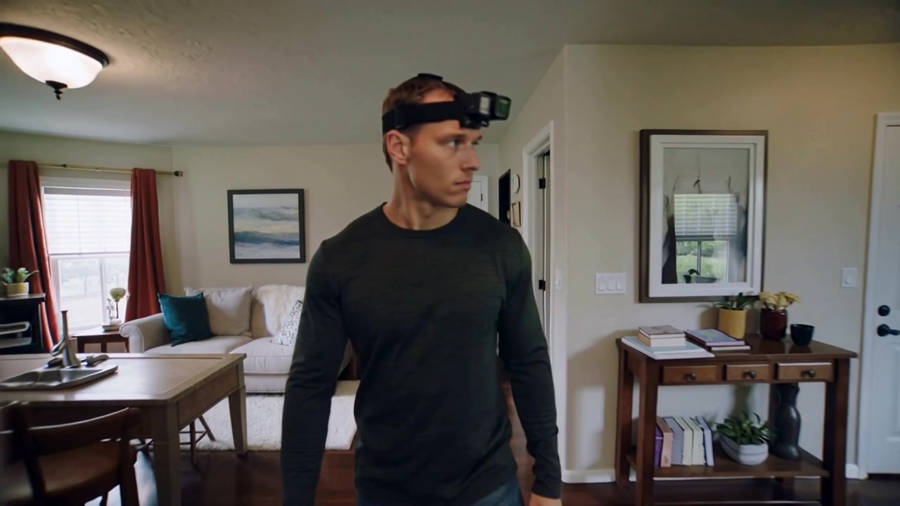 Scanning room, man in dark shirt with head camera walking into kitchen surveying near fridge