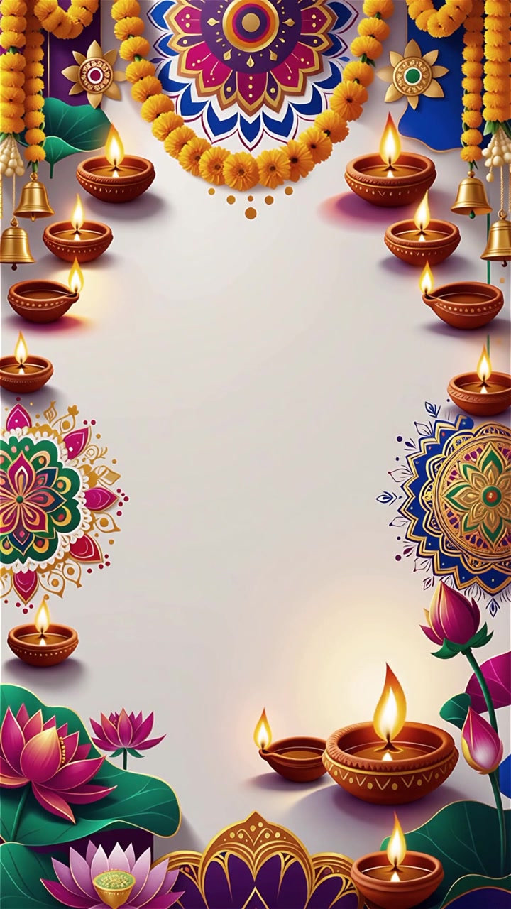 Sfondo Diwali con Diyas luminosi, Rangoli e fiori di loto