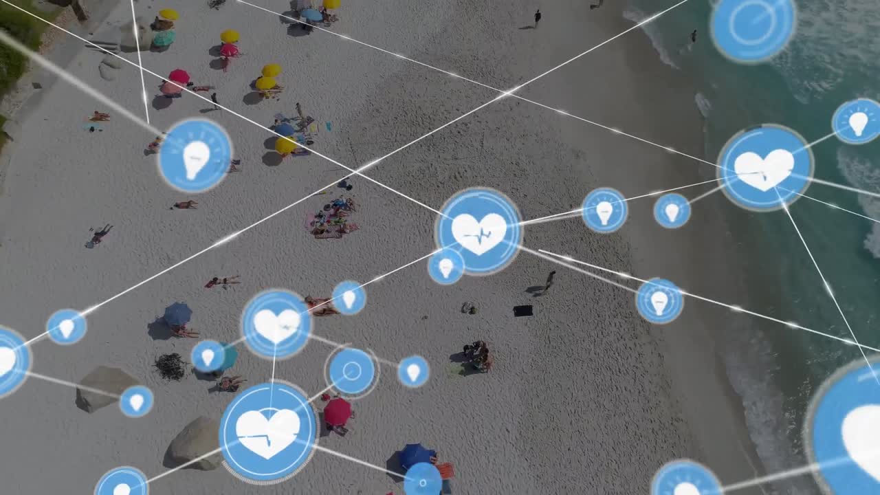 바다 전망 위의 아이콘과 연결 네트워크의 애니메이션