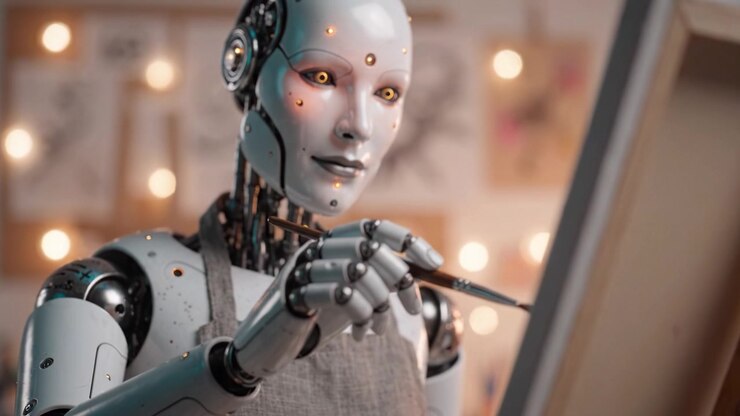 Un robot artista futuristico intento a dipingere, fondendo tecnologia e creatività in un'espressione artistica accattivante