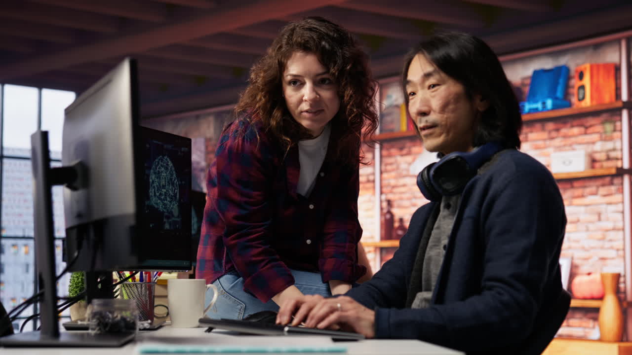 Teamworking startup office colleagues using artificial intelligence