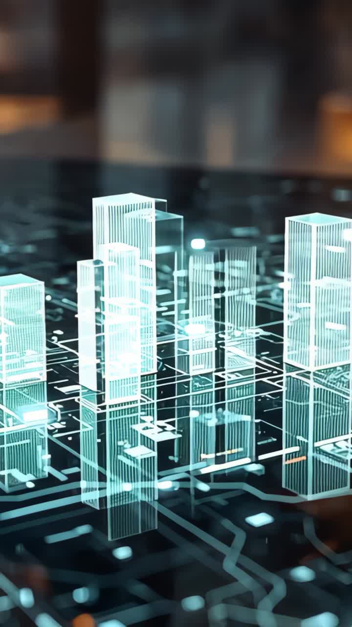 Vertical video: Powering transparent block cluster rising from circuit board grid, forming skyline
