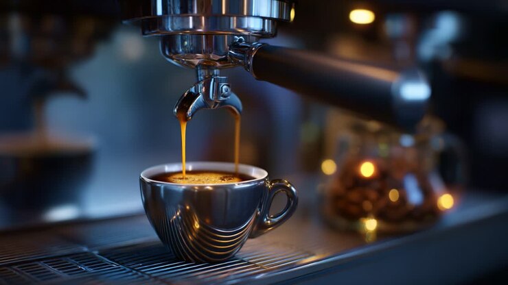 L'arte della preparazione del caffè: scene accattivanti dell'estrazione dell'espresso in un ambiente accogliente, che mettono in risalto gli aromi intensi e la calda atmosfera dell'esperienza di degustazione