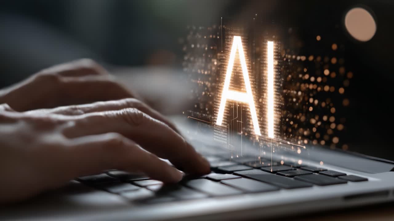 An Engaging View of a User Typing on a Laptop Keyboard with a Vibrant AI Graphic Emanating from the Device, Illustrating the Integration of Technology and Creativity