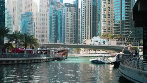 bridge over water canal at dubai marina port with seagulls and towers