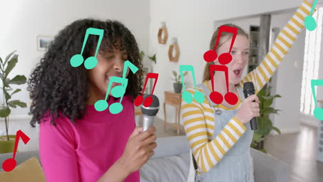 animation of musical notes over happy diverse teenage girls singing karaoke at home