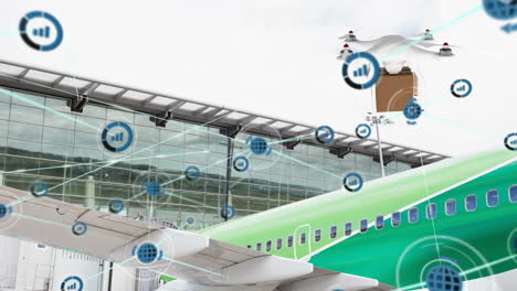 animación de una red de iconos digitales y un avión no tripulado llevando un paquete sobre un avión en un aeropuerto.