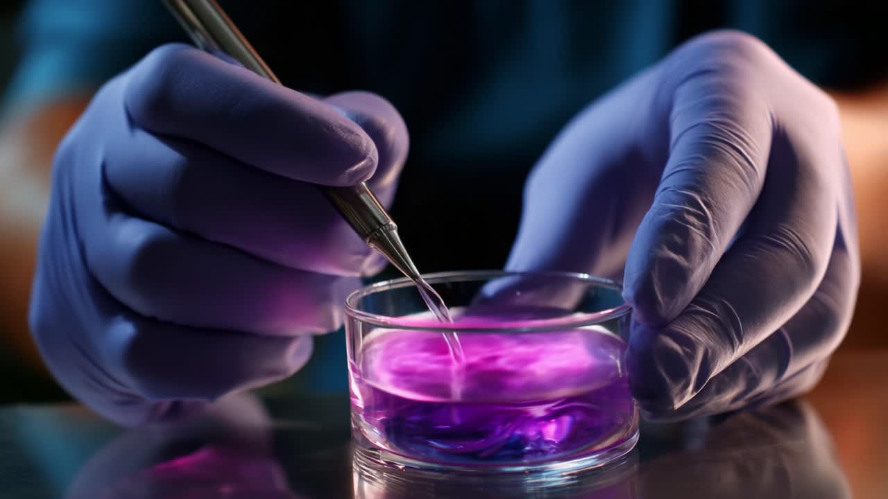 A close-up view of hands wearing purple gloves skillfully mixing a vibrant purple liquid in a petri dish, demonstrating a precise scientific procedure or experiment in a controlled environment