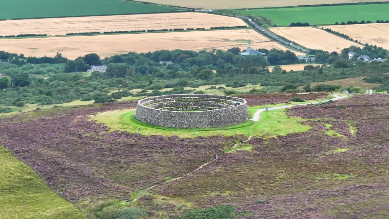 Grianán of Aileach monument on Grennan Mountain hilltop. Aerial drone view. Ireland
