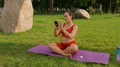 mujer embarazada haciendo yoga en línea en el parque