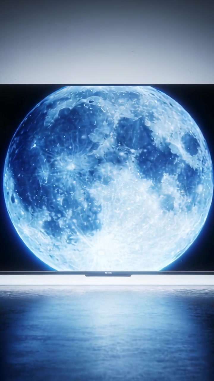 Video Vertikal: Bulan biru mulai muncul di TV dengan soundbar, bergeser ke atas dan bersinar di lantai mengkilap