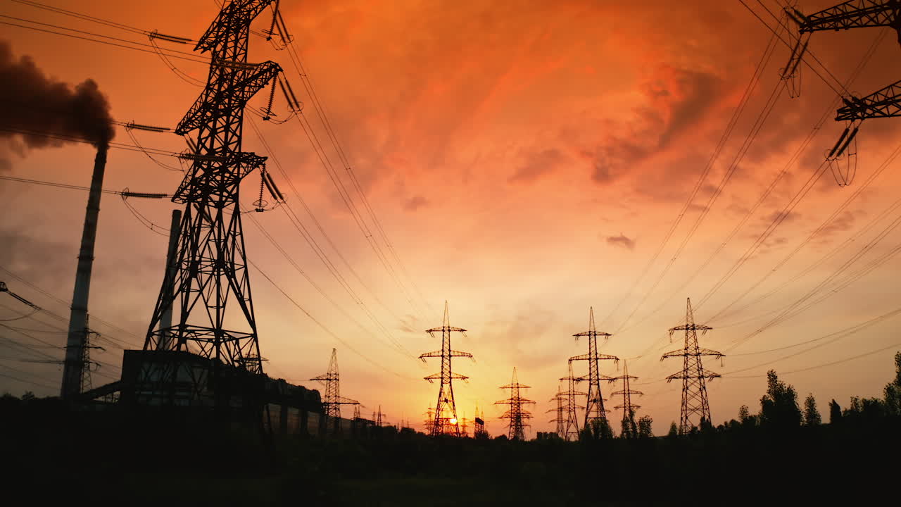 High voltage cable and pylons at sunset. Silhouettes of electric towers against dramatic sky with red setting sun.