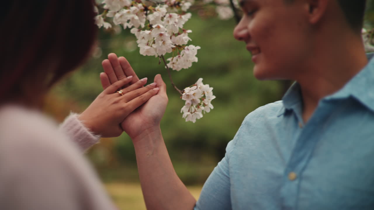 Couple enjoying cherry blossoms in spring