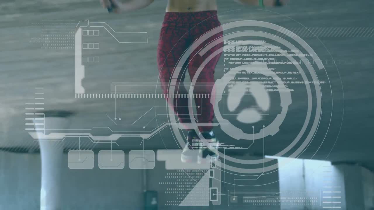 interfaz digital con procesamiento de datos contra la mujer saltando en la cuerda de saltar