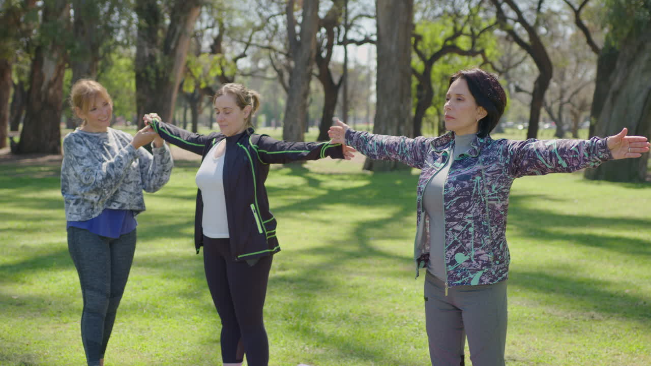 Women doing stretching exercises in a park
