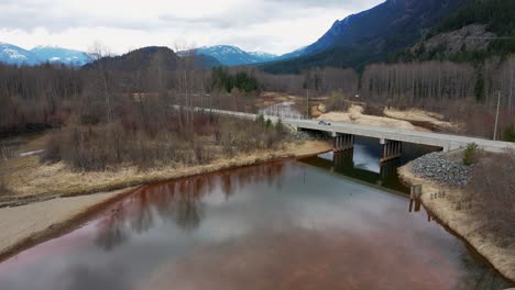 Aerial-view-of-bridge-over-Lillooet-Lake-in-British-Columbia,-Canada