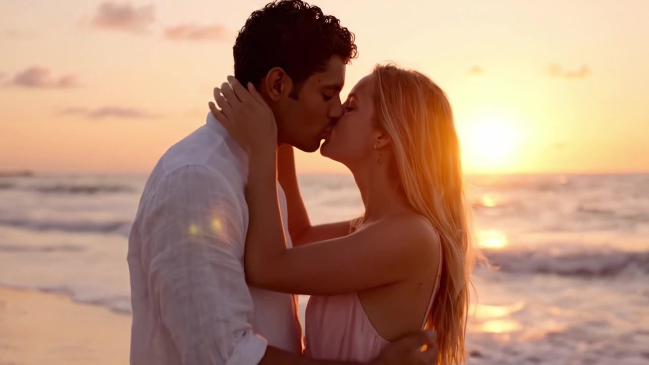 Abbraccio romantico al tramonto: una coppia persa negli occhi l'uno dell'altra su una spiaggia serena mentre il sole tramonta all'orizzonte, catturando i momenti eloquenti dell'amore nel bagliore della natura.