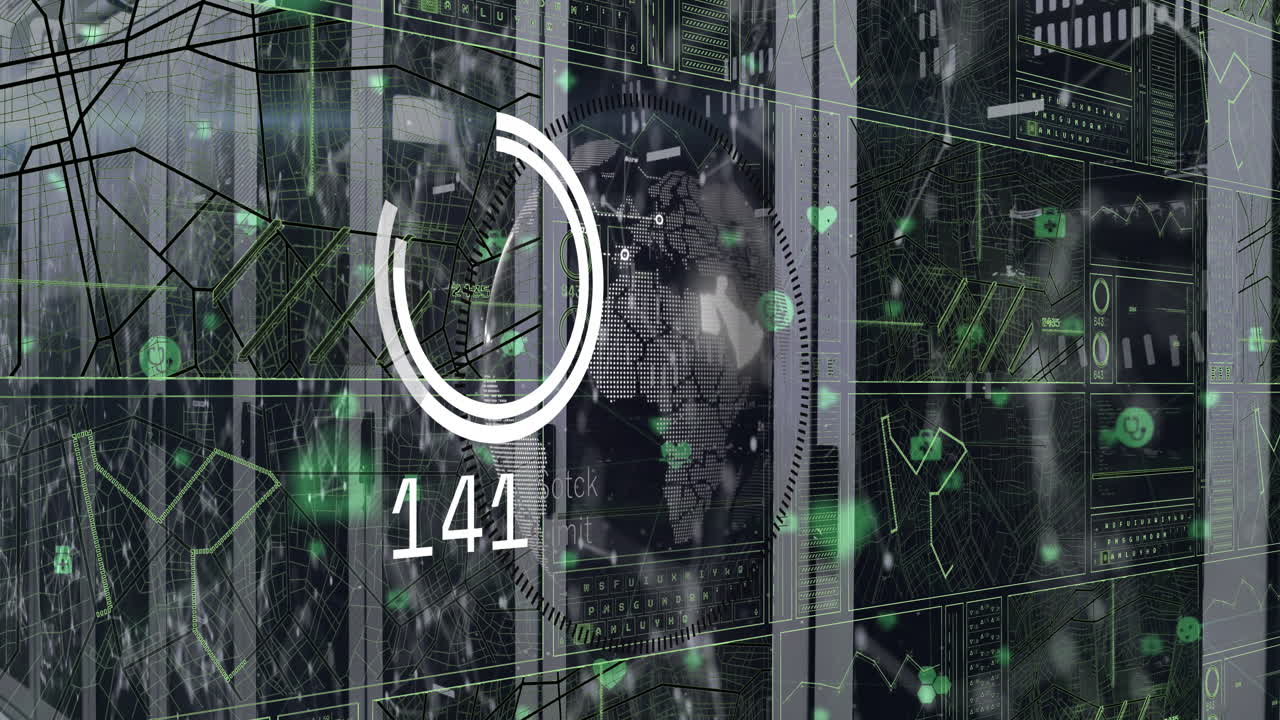 animación de círculos de carga, globo, lenguaje informático, puntos conectados e íconos sobre la sala del servidor