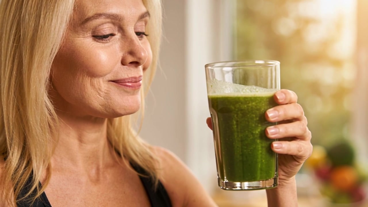 Blondýnka v černém tílku zvedá sklenici se smoothie, upíjí a ochutnává u kuchyňského okna.