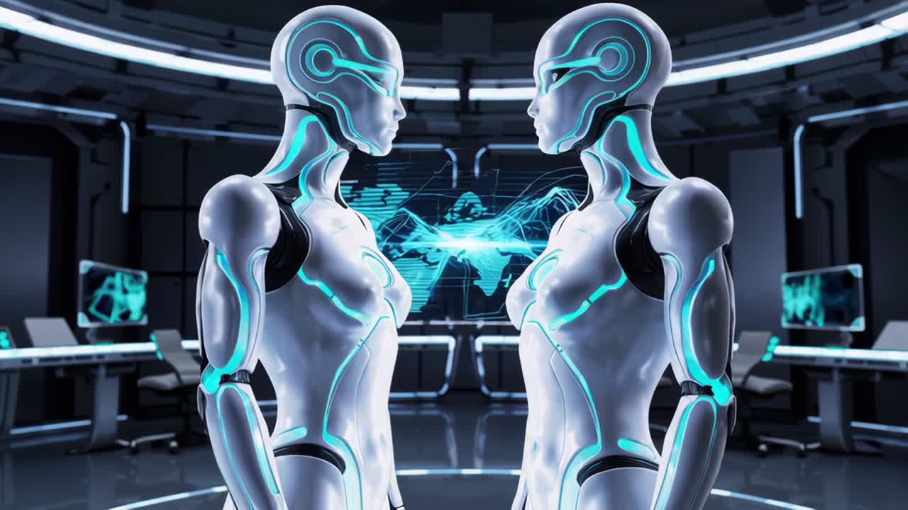 Two Futuristic Robots in a Modern Control Room
