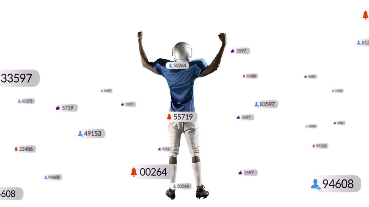 Celebrating football player with animation of numbers and symbols on white background