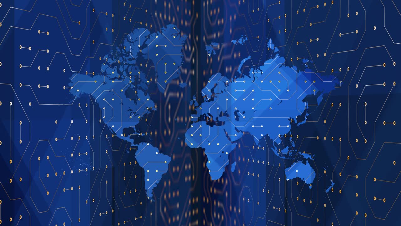 electronic world map formed from circuit board traces, digital background for global technology, communication, and connectivity