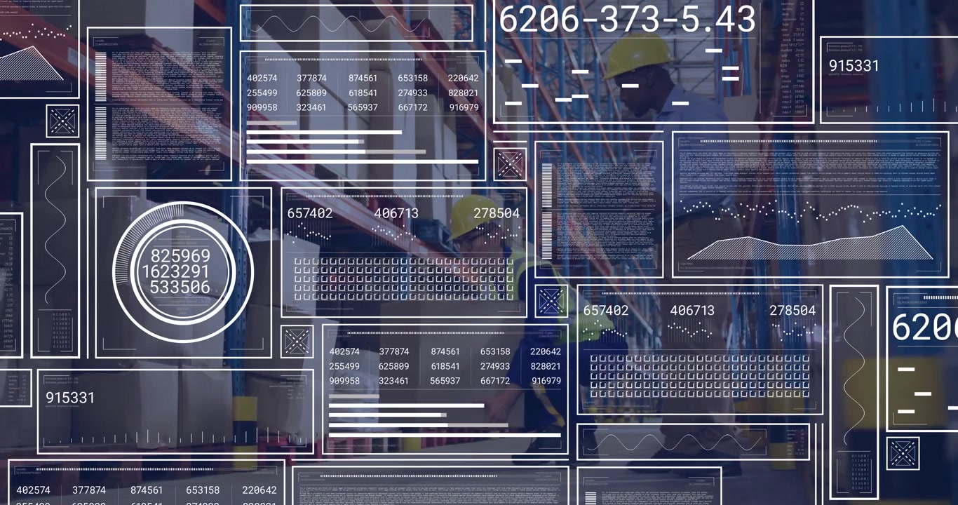 Inventory UI starting scan, two workers lifting box and checking tablet, updating metrics