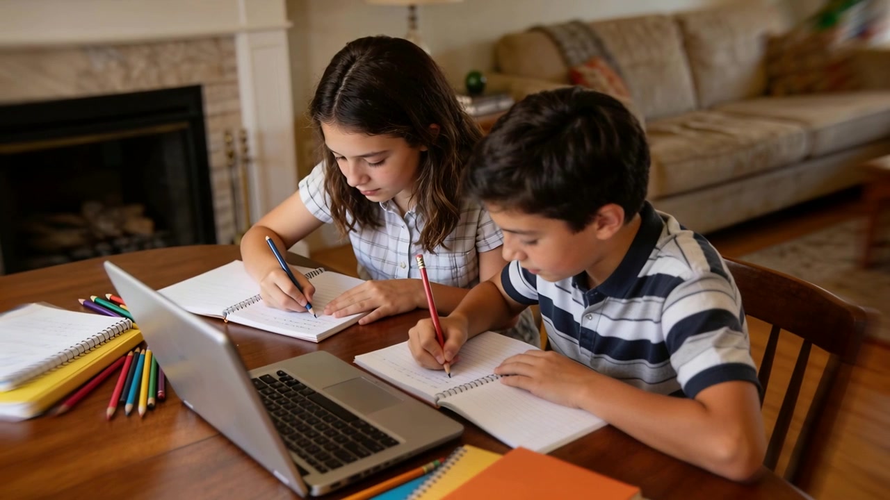 Hermanos estudiando, escribiendo en cuadernos durante una lección con laptop en casa, usando lápices rojos o azules, con diseños a cuadros y rayas.
