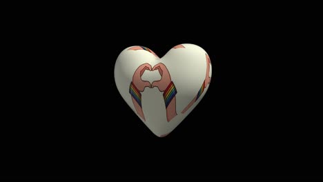 lgbt white 3d heart with hands making love symbol as texture and rotating on black background