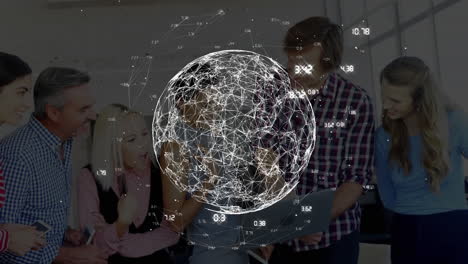 Animation-of-globe-with-data-processing-over-diverse-colleagues-having-meeting-in-office