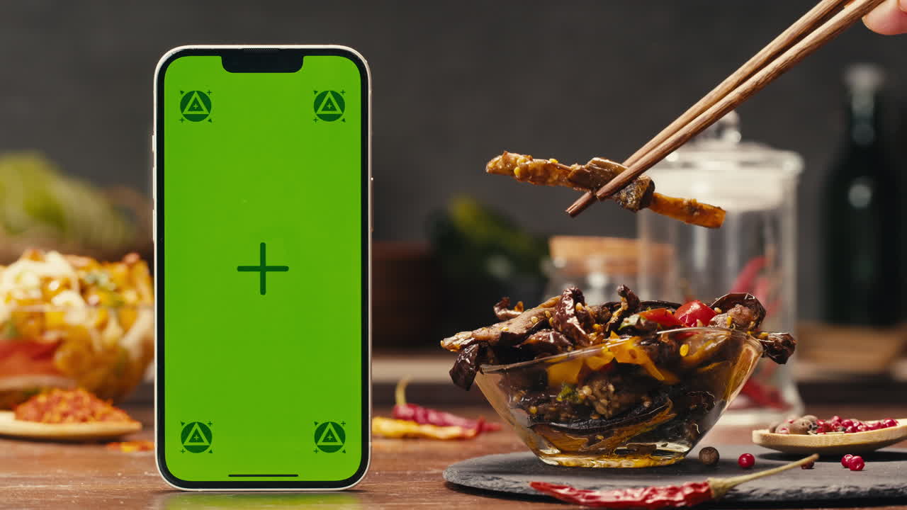 A green screen mobile phone, a portable communications device, is on a table next to a bowl of canned corn. The product is a useful gadget for telephony and communication. Fermented food served on table, mini corn, kimchi, eggplants, yellow cabbage