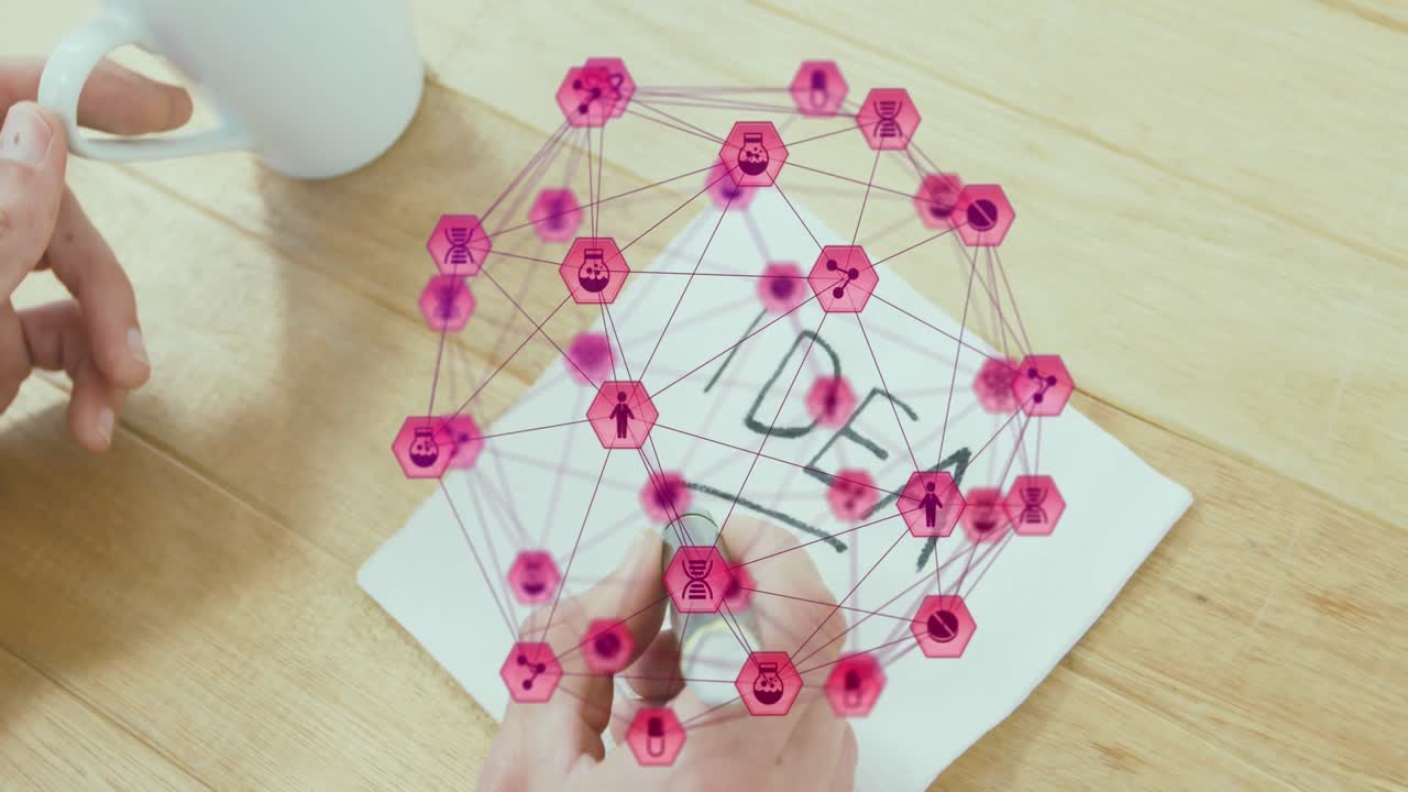 animación de iconos conectados globo, manos recortadas sosteniendo café y escribiendo idea palabra en papel