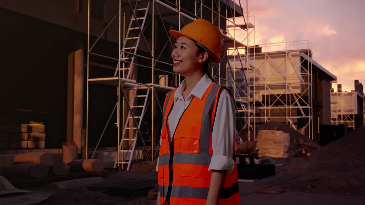 Side View Of Asian Female Engineer With Safety Helmet Looking Around While Standing At Construction Site in Progress to New House