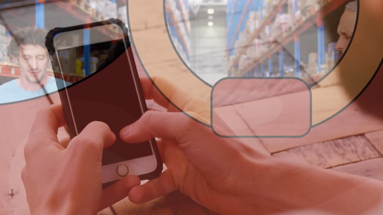 animación de manos usando teléfonos inteligentes sobre diversas personas en el almacén.