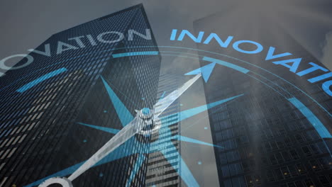 compass pointing to innovation animation over skyscrapers