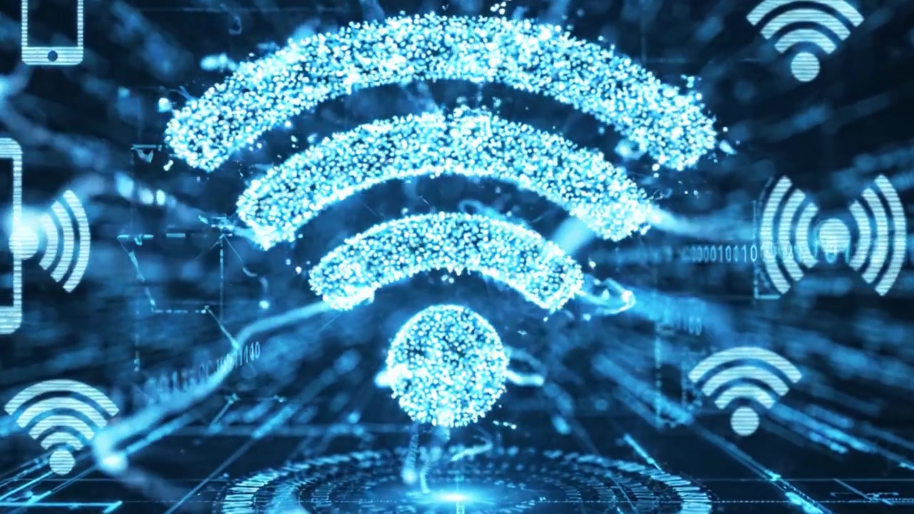 Udforskning af et digitalt univers: Fra datastrømme til trådløse forbindelser, dyk ned i hjertet af moderne teknologi repræsenteret af flydende linjer og symboler.