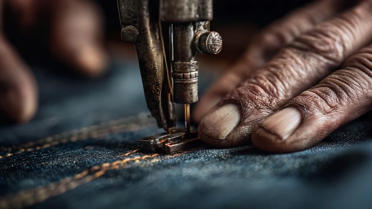 Artigianato intricato in azione: un primo piano di mani che azionano abilmente una macchina da cucire vintage su tessuto denim, mostrando l'arte della sartoria e la precisione del cucito.
