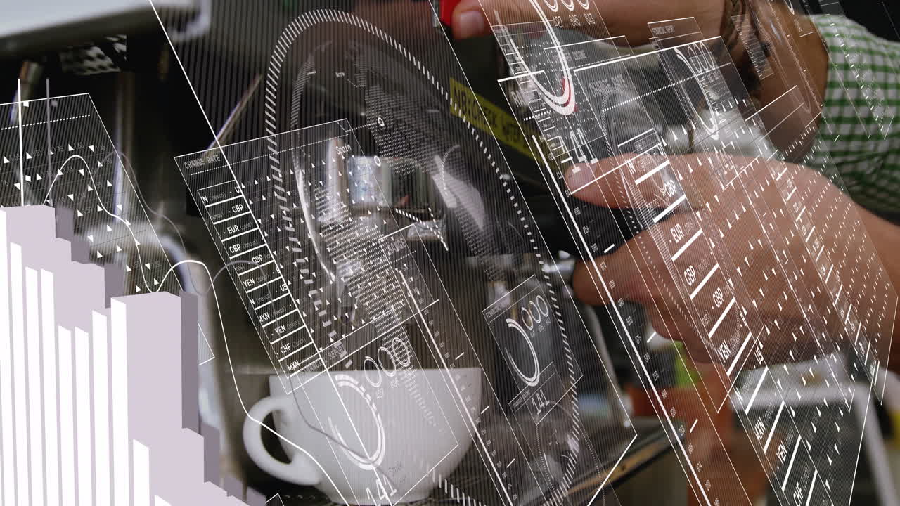 Barista hands attaching espresso portafilter over cup, overlaying currency tables, data charts