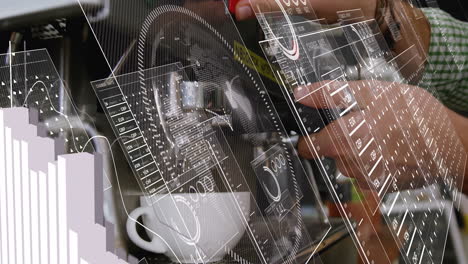 barista hands attaching espresso portafilter over cup, overlaying currency tables, data charts
