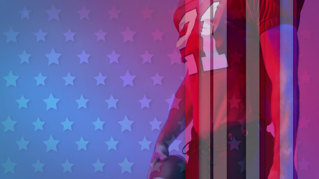 animación de jugador de fútbol americano caucásico y bandera de ee.uu.
