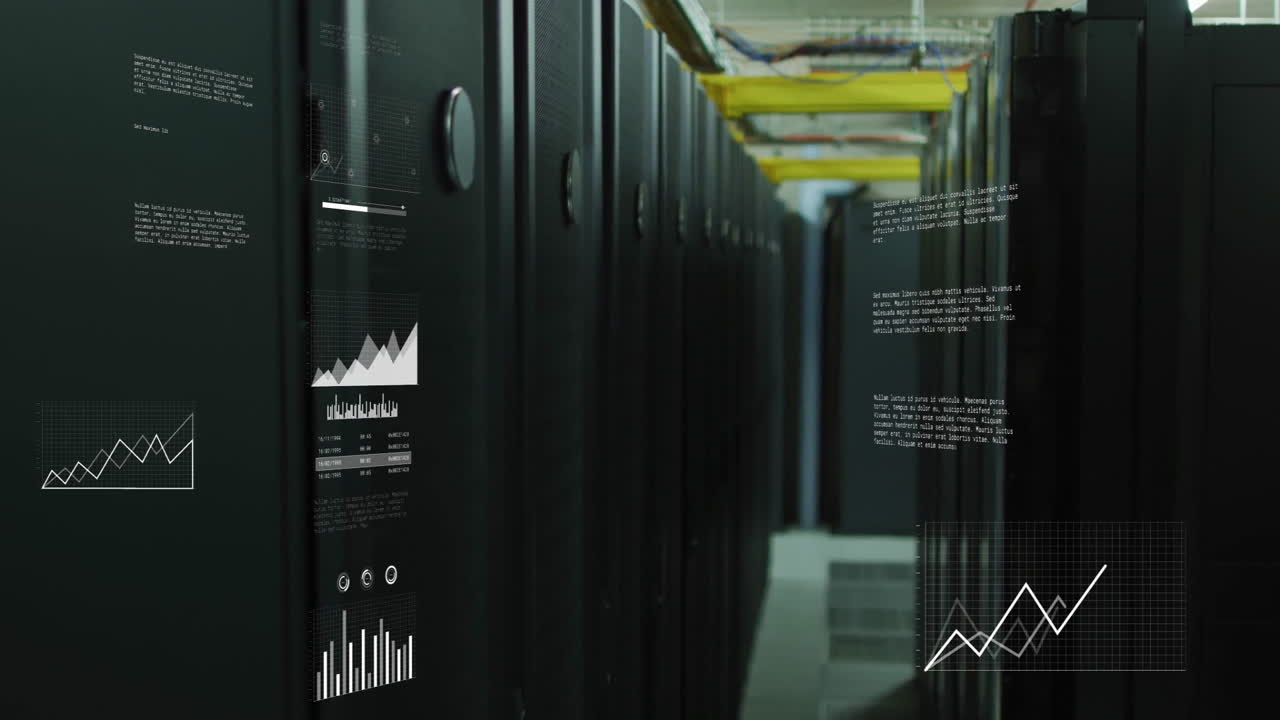 Data center animation with graphics over server racks, showcasing technology trends