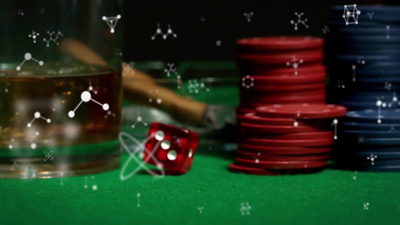 Spinta del segnale che fa rimbalzare un dado rosso, rotolando oltre un bicchiere e delle fiches sotto molecole per la fisica del gaming.
