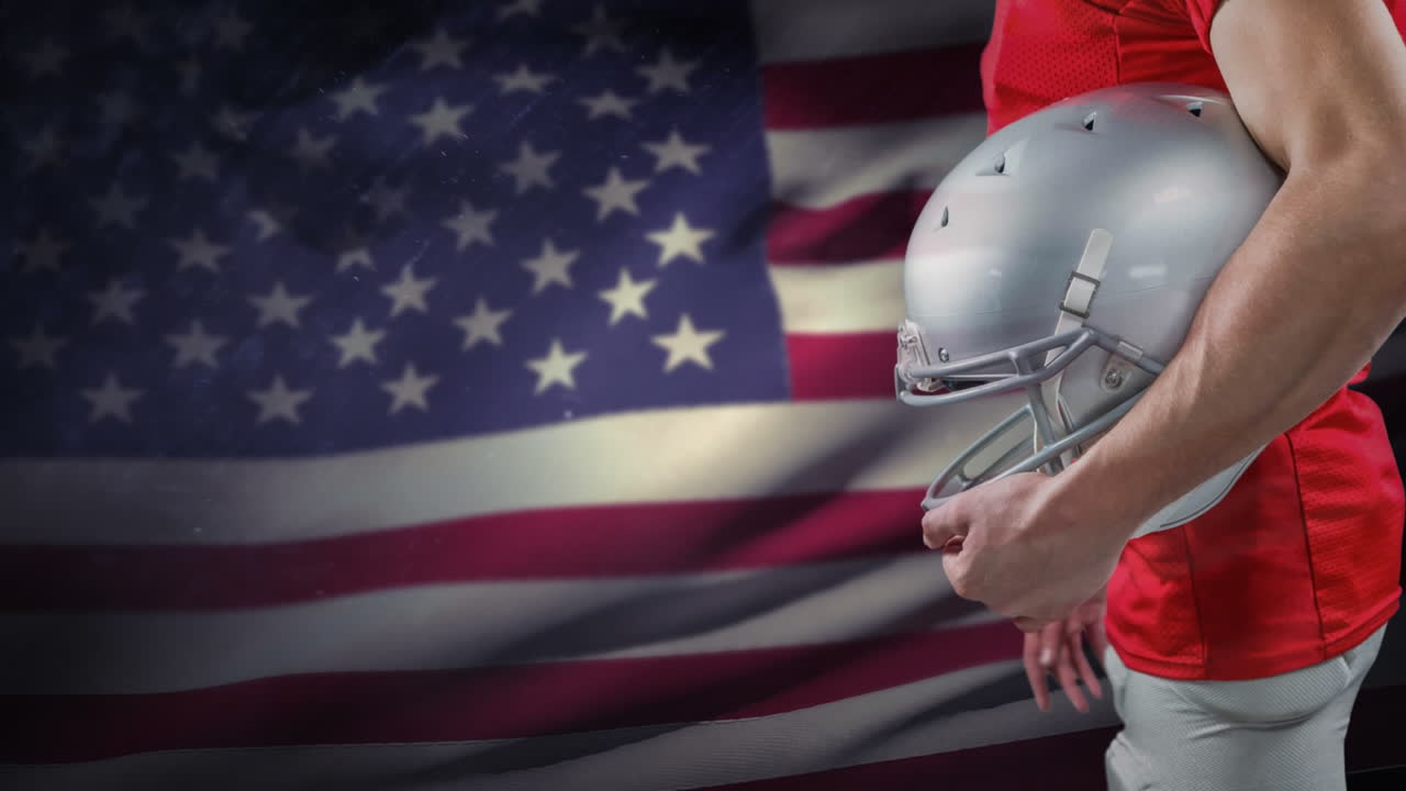 animación digital de un jugador de rugby con casco de pie contra la bandera estadounidense 4k