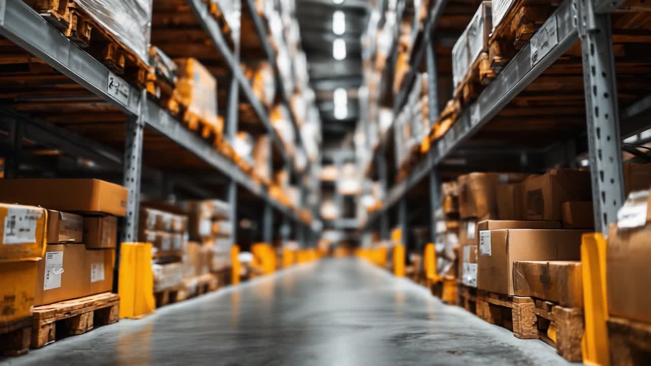 A Comprehensive View of a Well-Organized Warehouse Interior Filled with Stacked Boxes and Shelves, Highlighting Efficient Storage Solutions and Logistics Operations