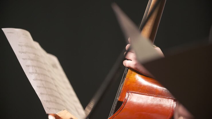 Violoncellista che tiene il violoncello e guarda lo spartito
