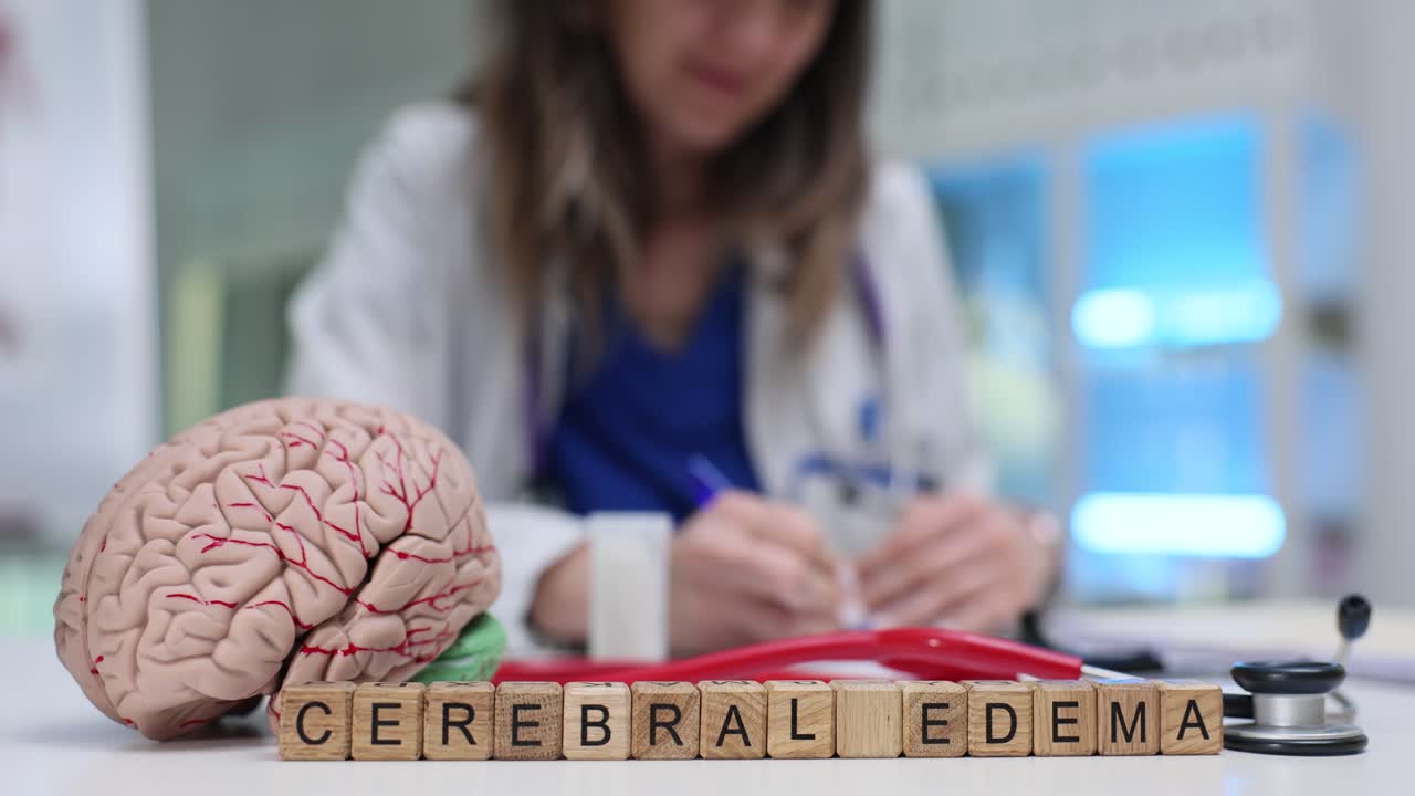 Blocos de madeira soletram a frase edema cerebral perto de um modelo de cérebro