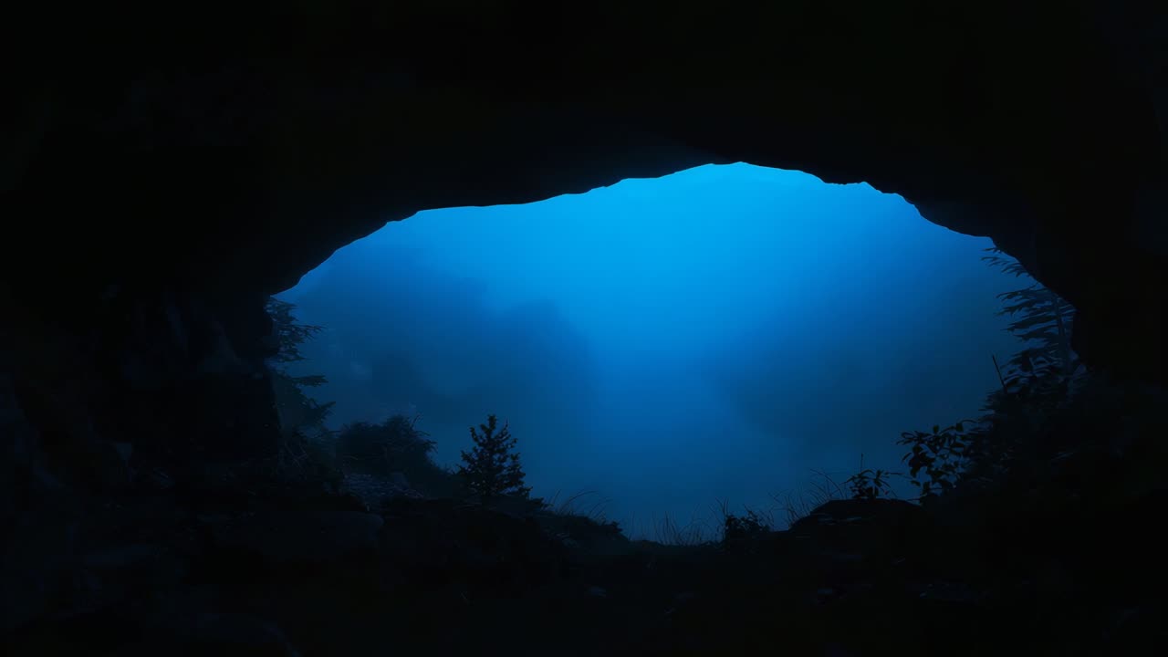 Framing cave opening inside cavern showing blue mist shifting as dawn light brightening, rocky rim